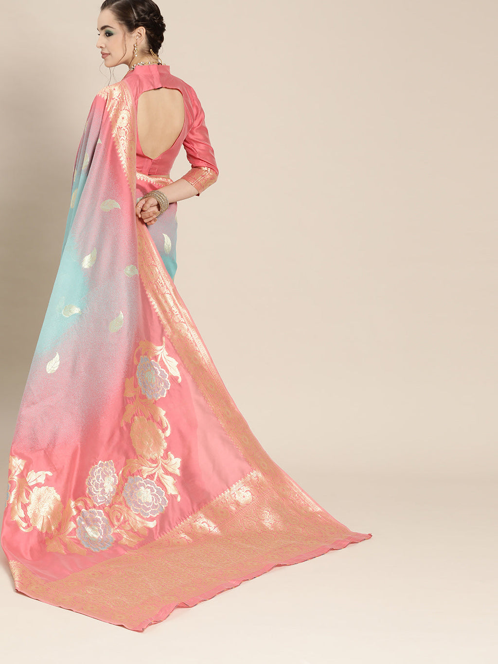 Saree Mall Pink & Blue Floral Dyed Banarasi Saree