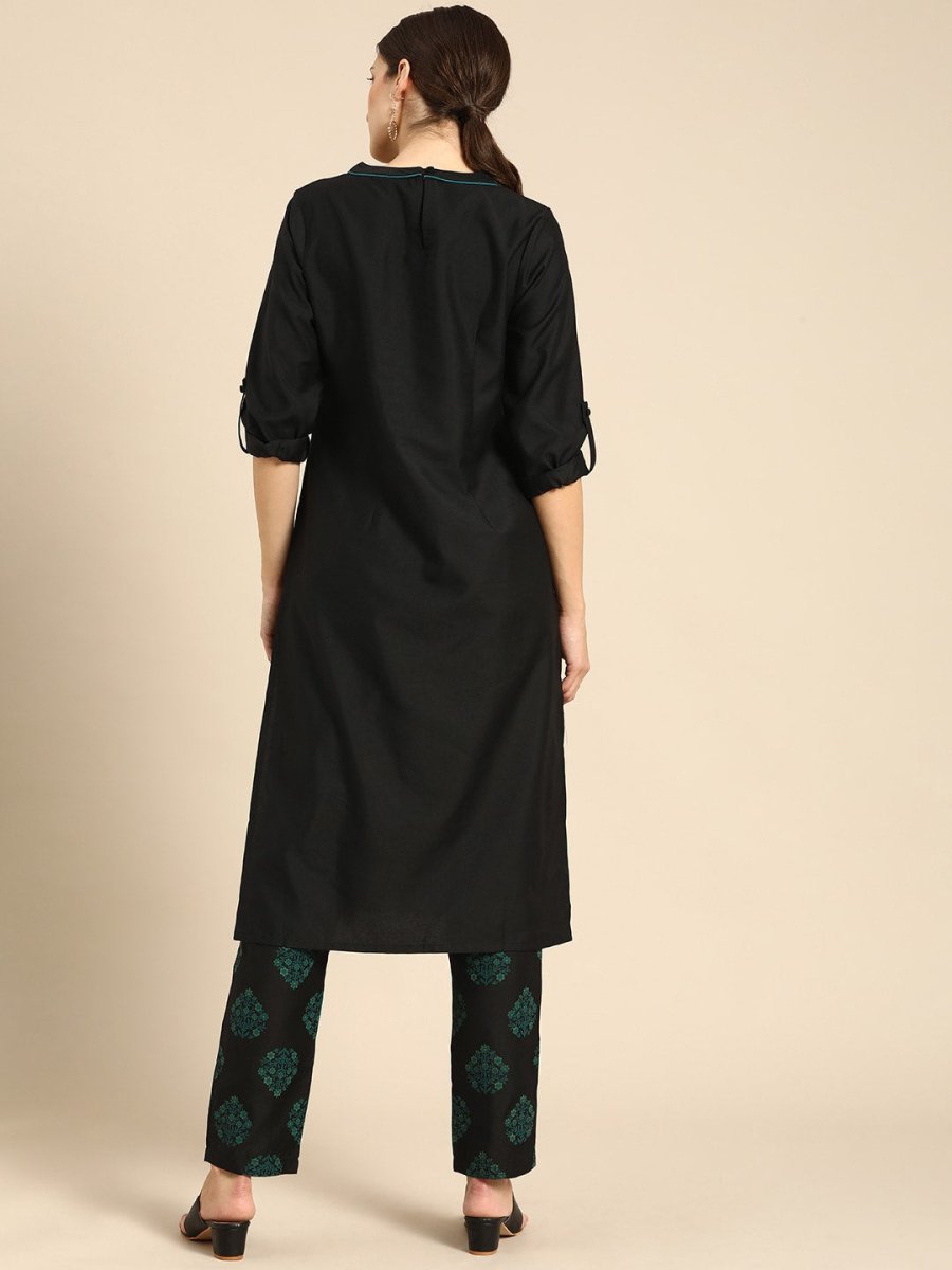 All About You Women Black Floral Yoke Design Regular Thread Work Kurta with Trousers