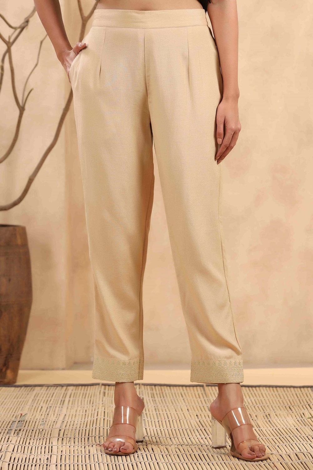 Juniper Gold Rayon Casual Wear Solid Straight Pants