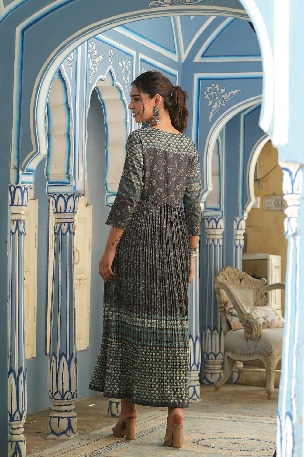 Juniper Bottle Green Muslin Festive Printed Flared Dress For Women