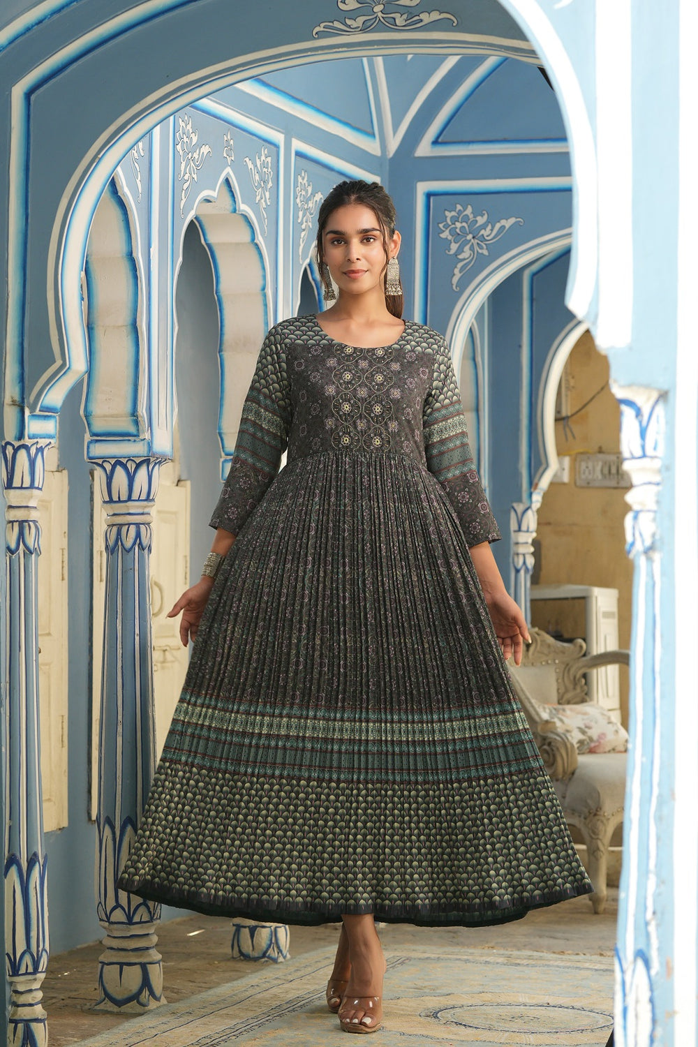 Juniper Bottle Green Muslin Festive Printed Flared Dress For Women