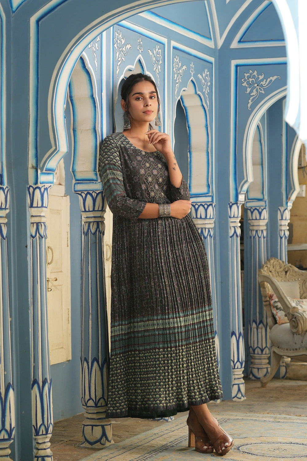 Juniper Bottle Green Muslin Festive Printed Flared Dress For Women