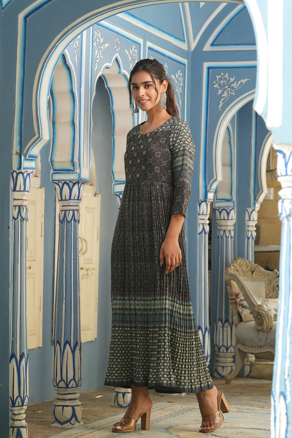 Juniper Bottle Green Muslin Festive Printed Flared Dress For Women