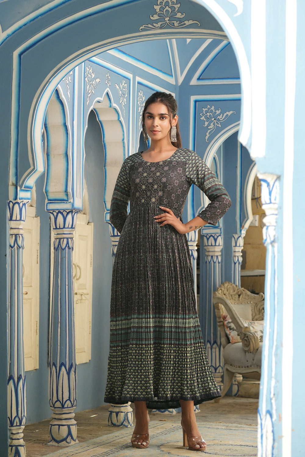 Juniper Bottle Green Muslin Festive Printed Flared Dress For Women