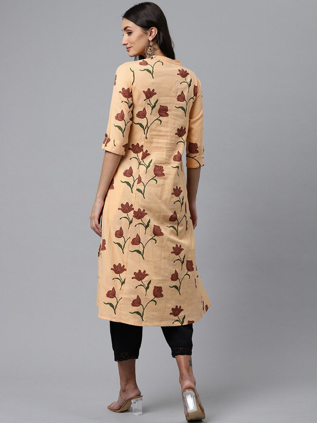 HERE&NOW Women Orange & Brown Floral Printed A-Line Kurta
