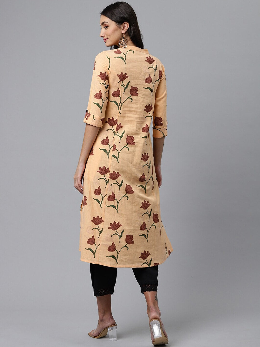 HERE&NOW Women Orange & Brown Floral Printed A-Line Kurta