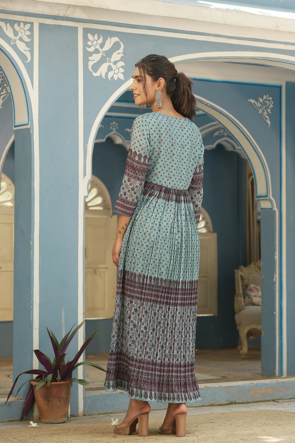 Juniper Sky Blue Muslin Festive Printed Flared Dress For Women