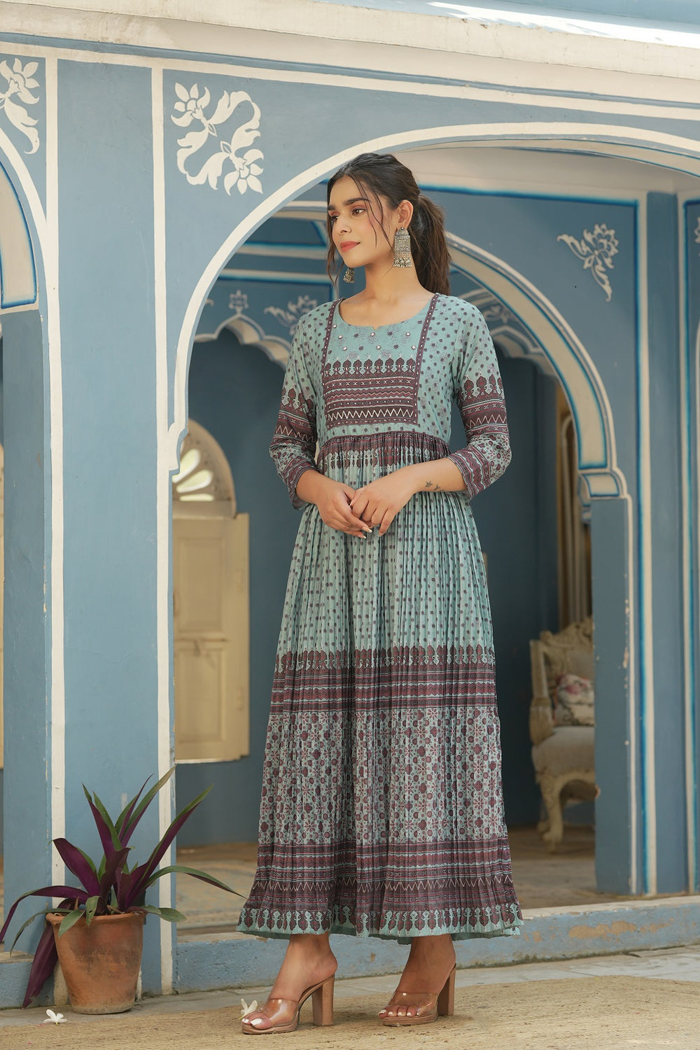 Juniper Sky Blue Muslin Festive Printed Flared Dress For Women
