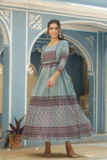 Juniper Sky Blue Muslin Festive Printed Flared Dress For Women