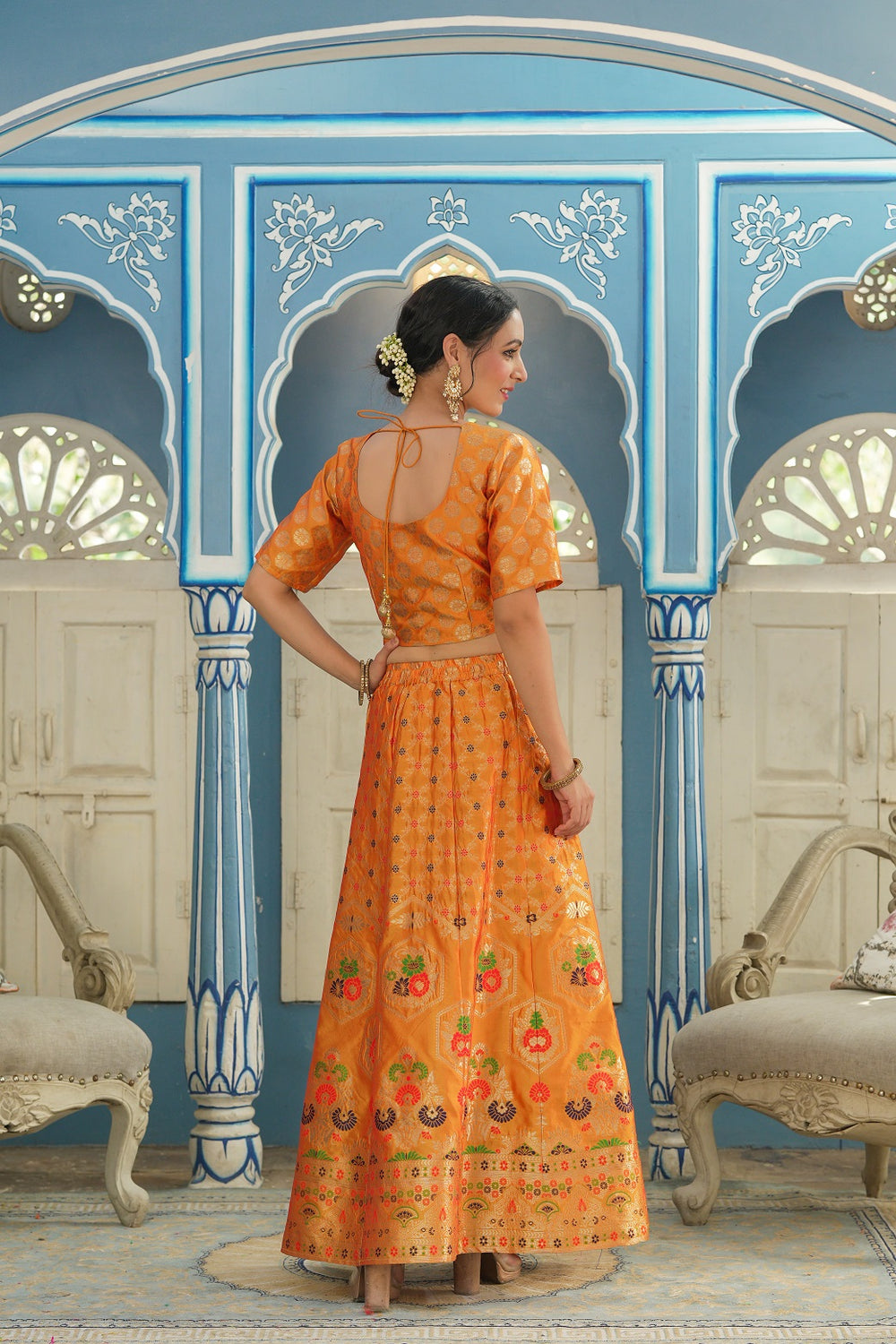 Juniper Women's Mustared Printed Brocade Festive Wear Lehenga Choli Sets
