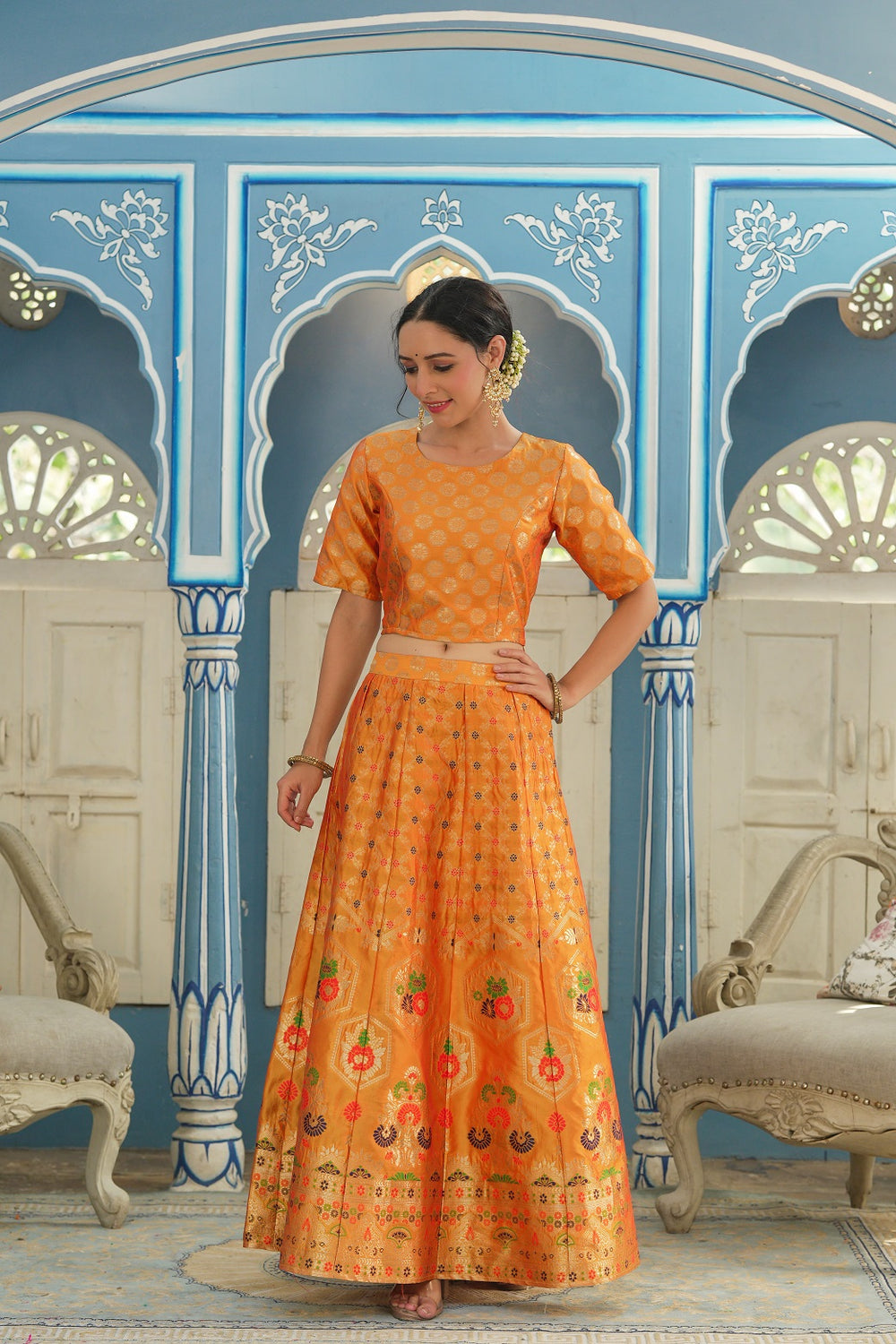 Juniper Women's Mustared Printed Brocade Festive Wear Lehenga Choli Sets