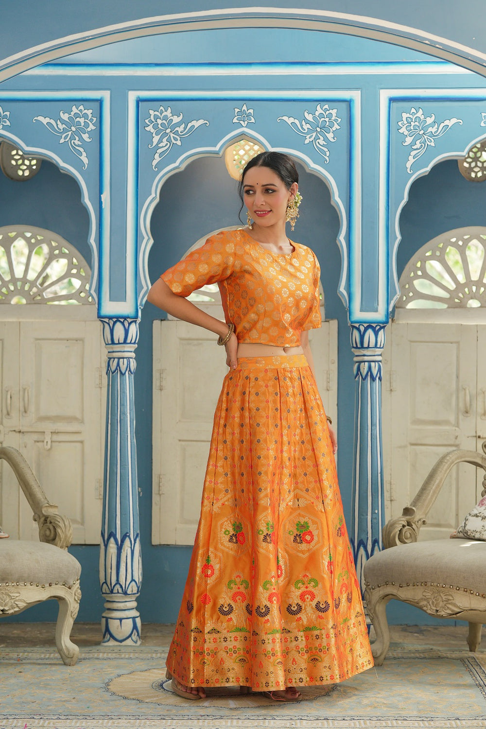 Juniper Women's Mustared Printed Brocade Festive Wear Lehenga Choli Sets