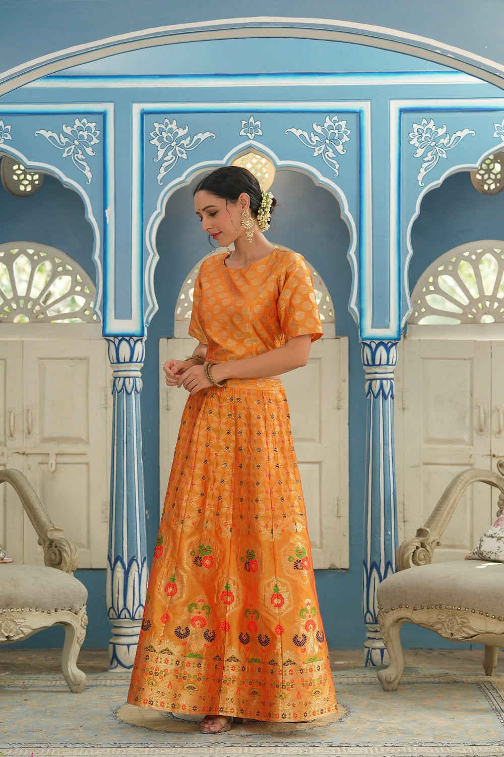 Juniper Women's Mustared Printed Brocade Festive Wear Lehenga Choli Sets