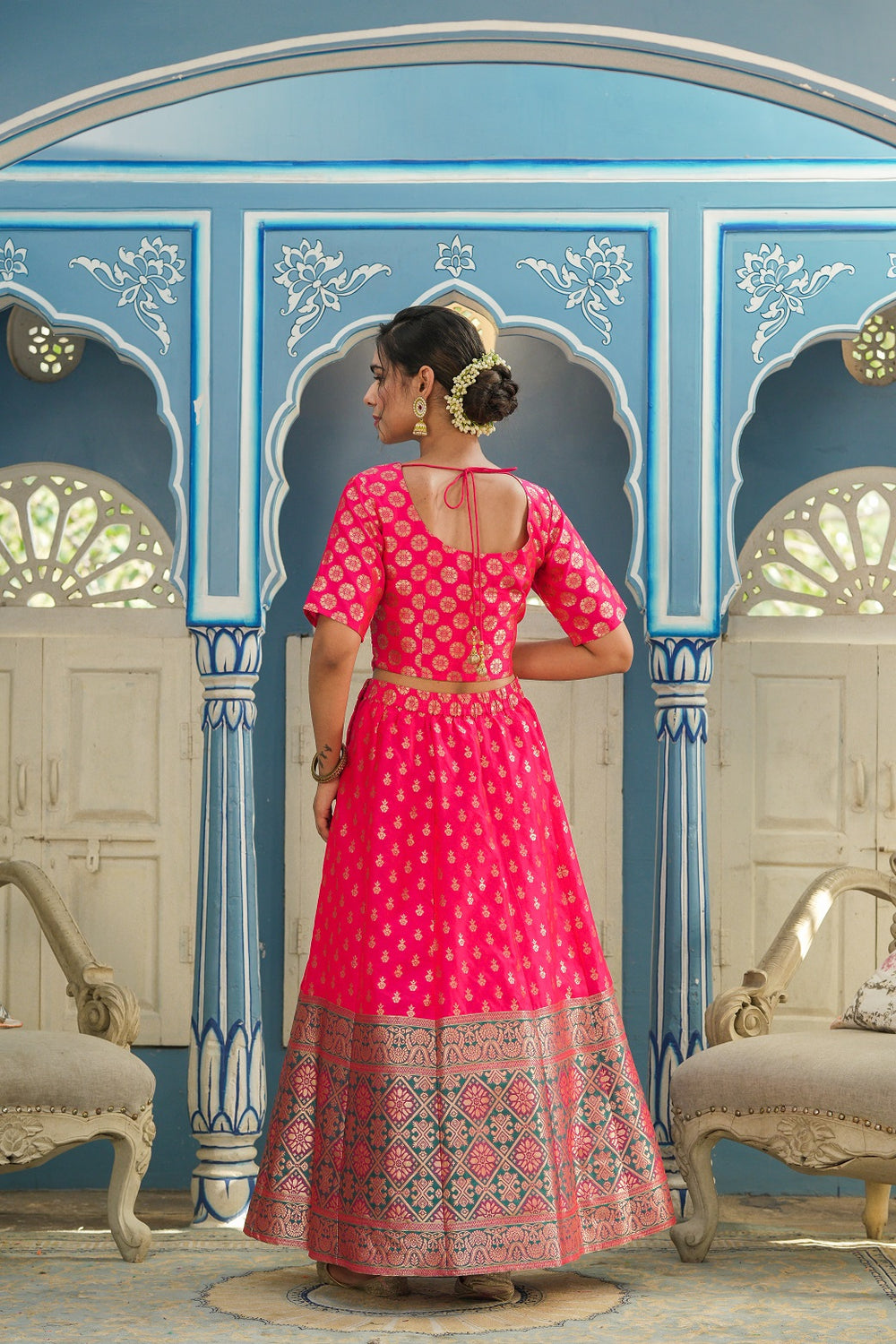 Juniper Women's Fuschia Printed Brocade Festive Wear Lehenga Choli Sets