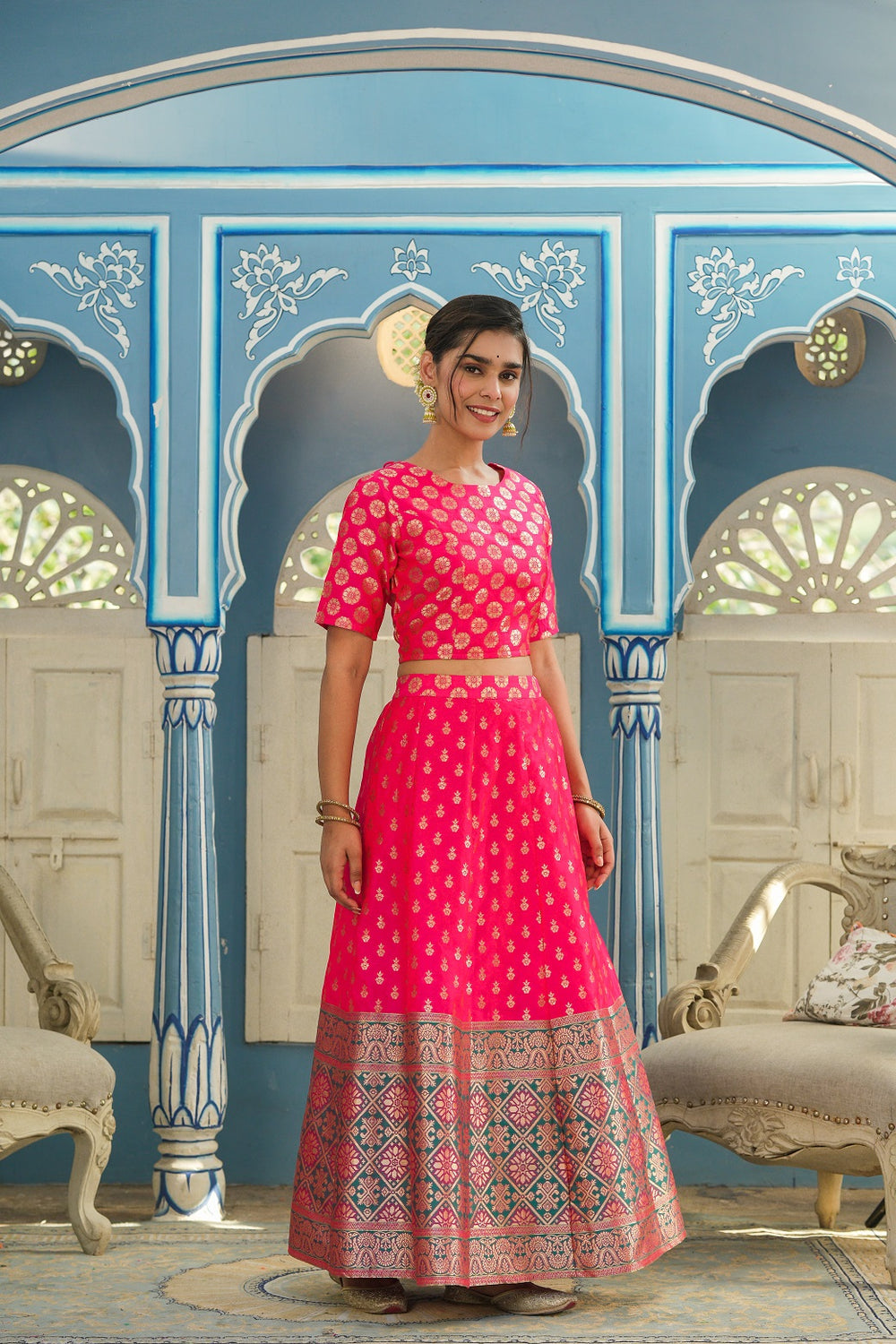 Juniper Women's Fuschia Printed Brocade Festive Wear Lehenga Choli Sets
