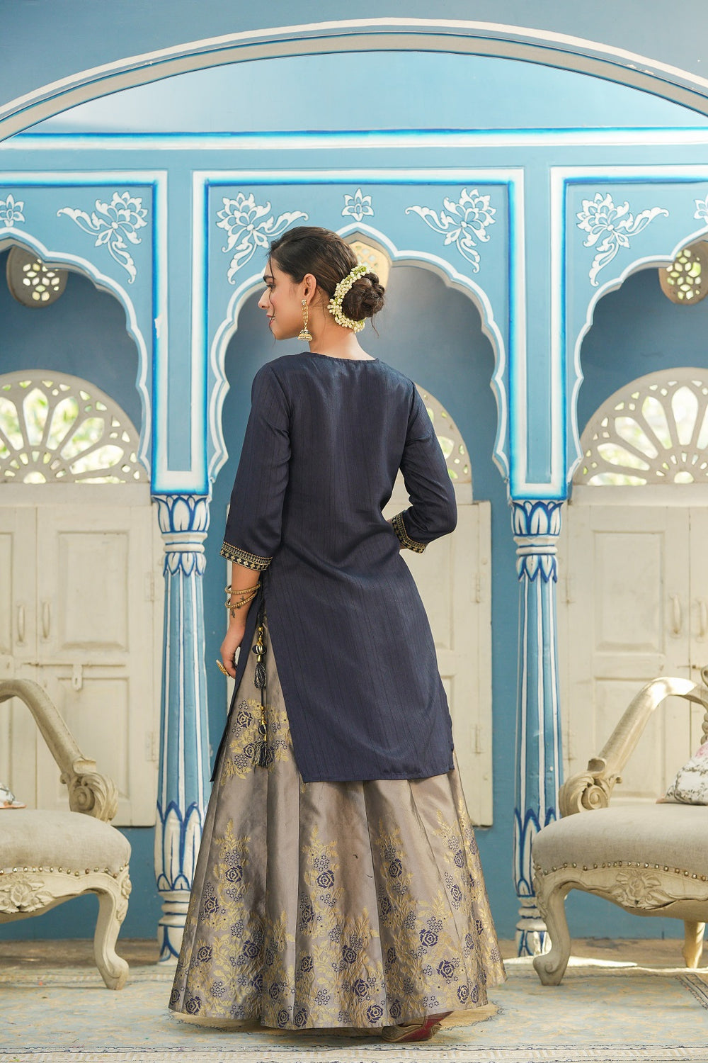Juniper Women's Blue Solid Kurta Printed Brocade Skirt Festive Wear Lehenga Choli Sets
