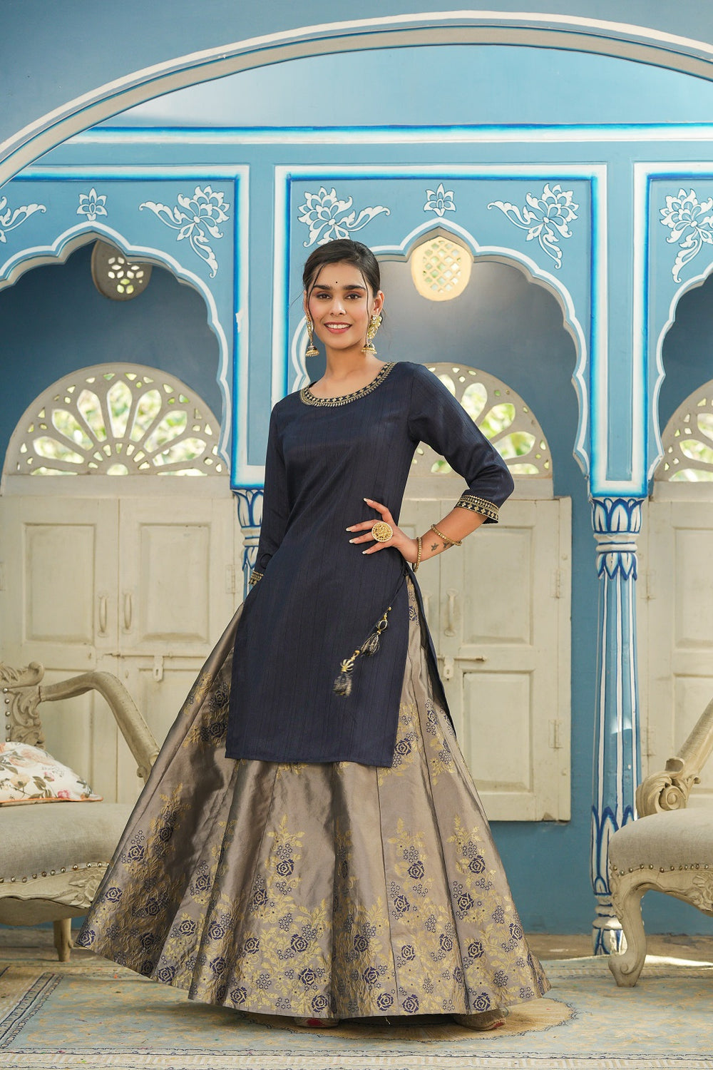 Juniper Women's Blue Solid Kurta Printed Brocade Skirt Festive Wear Lehenga Choli Sets