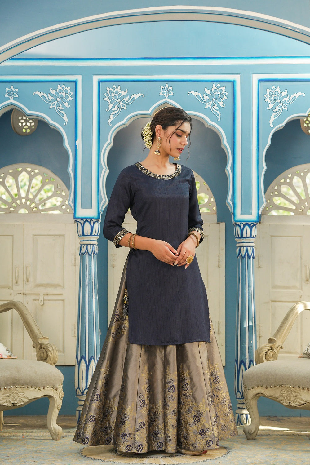 Juniper Women's Blue Solid Kurta Printed Brocade Skirt Festive Wear Lehenga Choli Sets