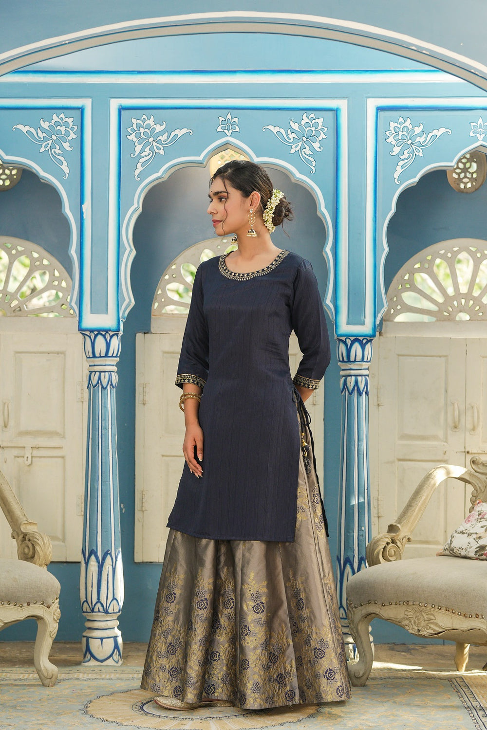 Juniper Women's Blue Solid Kurta Printed Brocade Skirt Festive Wear Lehenga Choli Sets