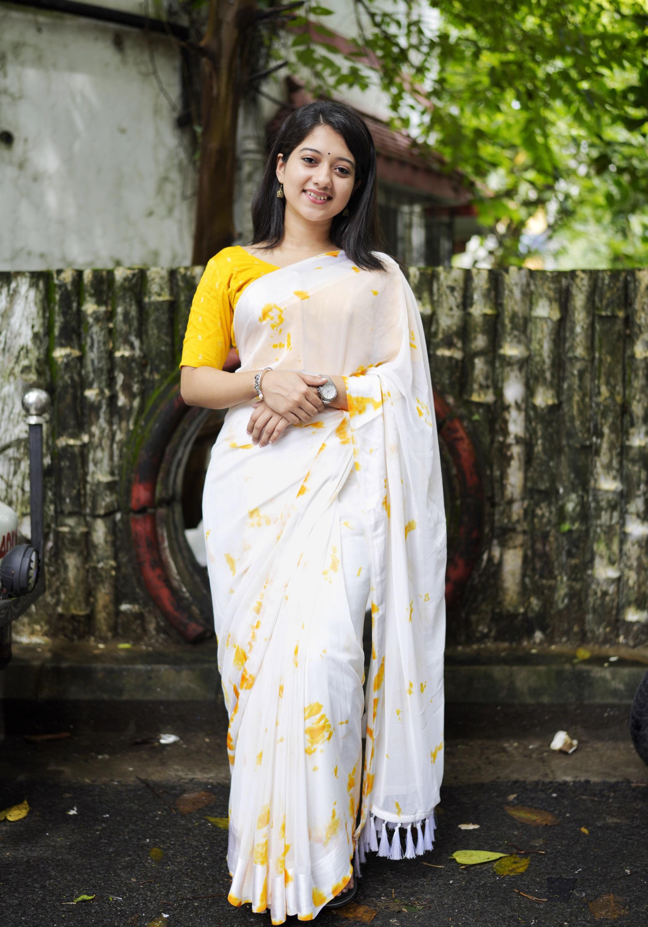 Yellow Poly Georgette Tie And Dye Saree with Unstitched Blouse - A2M