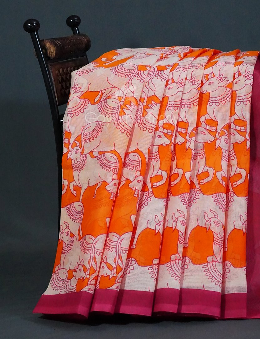 Shades of Orange And Pink With Pichwai Print Munga Cotton Saree By Gayathri Reddy Designer Studio