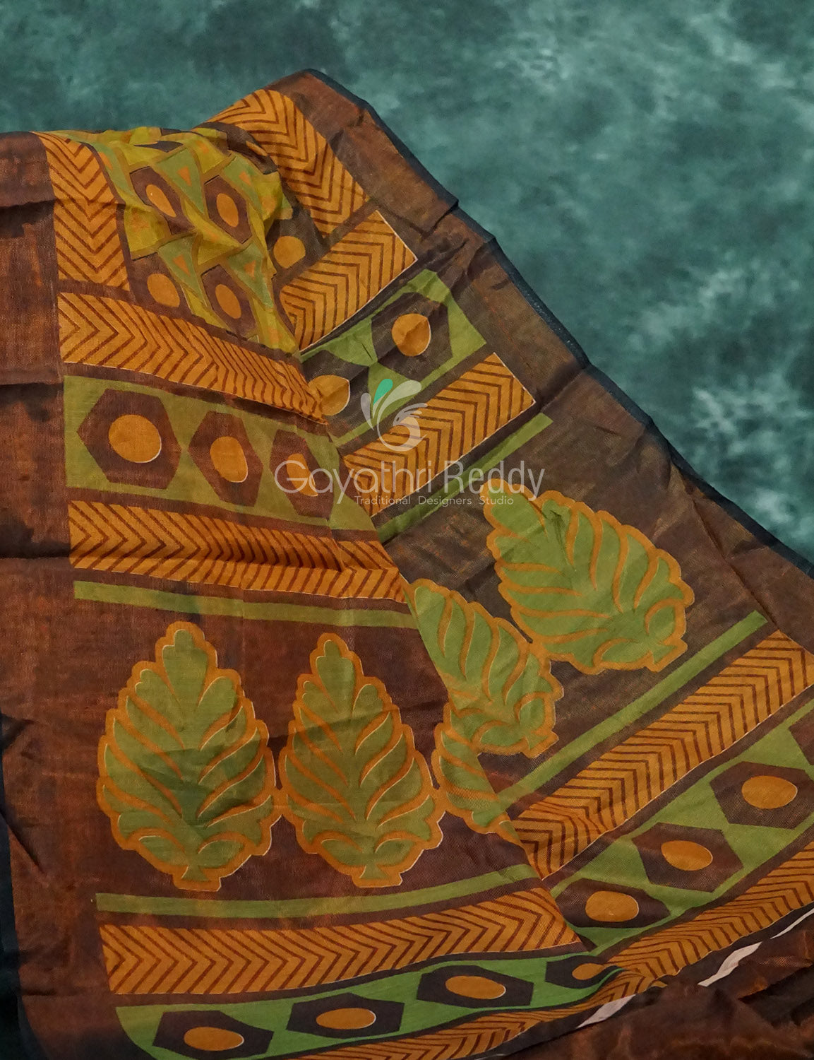 Henna Green And Henna Brown Coloured Geometrical Print Semi Chanderi Saree By Gayathri Reddy Designer Studio