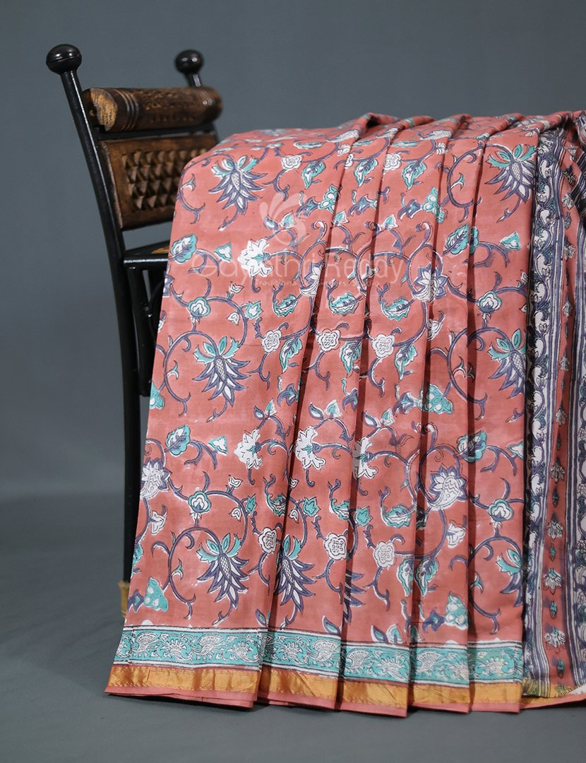 Pastel Chikoo Coloured Combination Printed Cotton Saree By Gayathri Reddy Designer Studio
