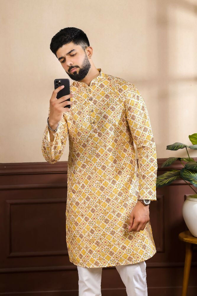 Mustard Art Silk Digital Printed, Embroidery Work Kurta Set - Mahotsav
