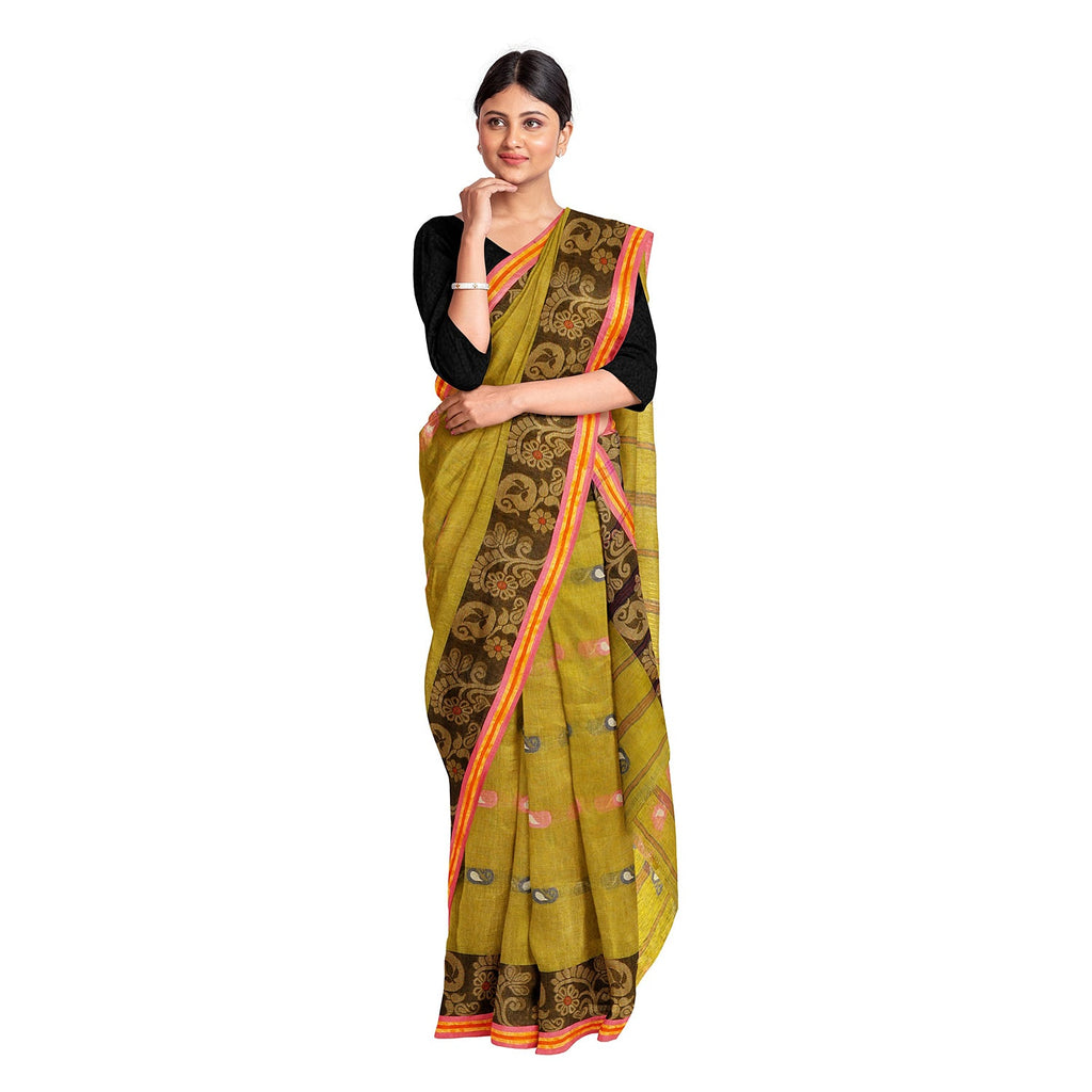 Exclusive Collection 100% Pure Cotton Olive Tant Saree With Hand Weaving Work