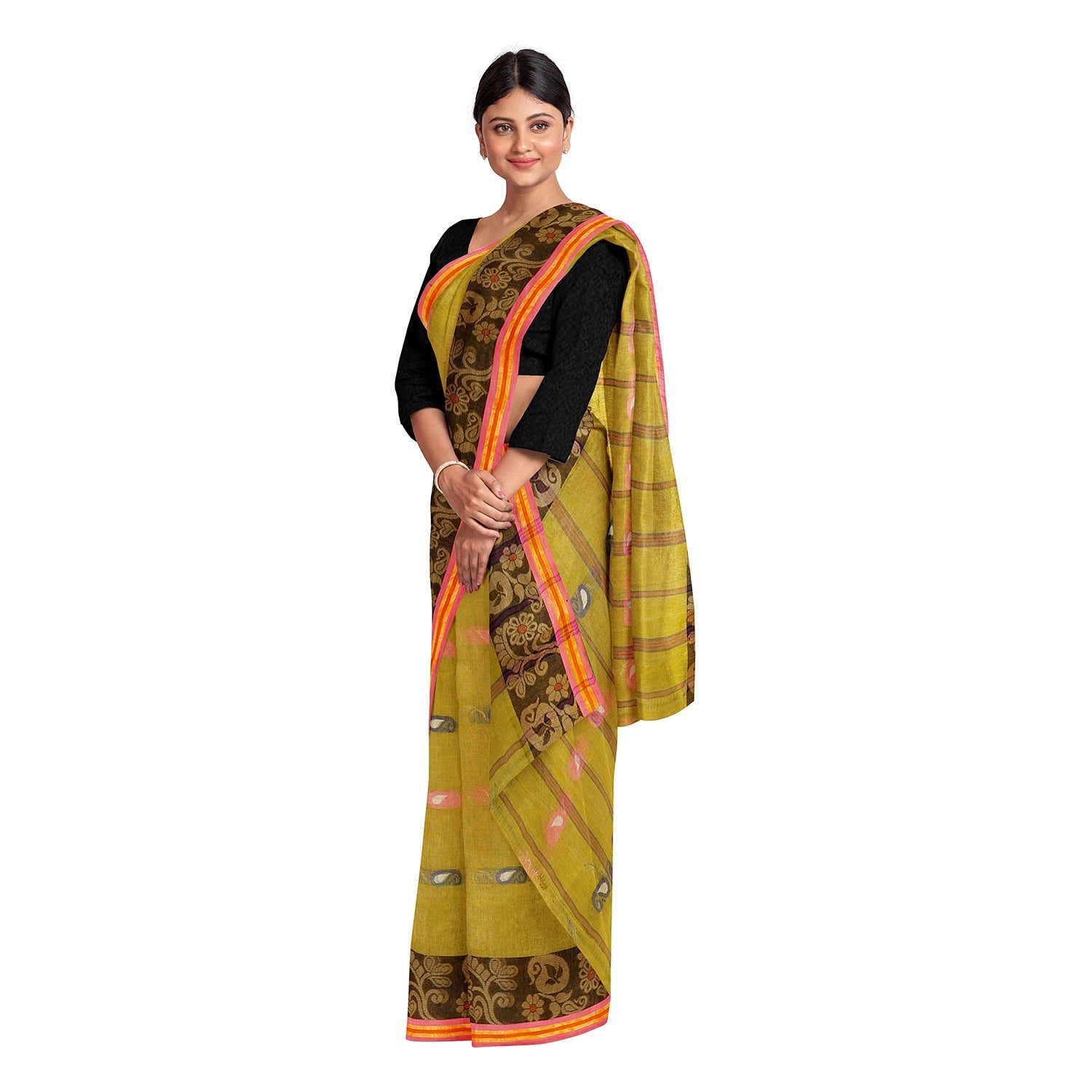 Exclusive Collection 100% Pure Cotton Olive Tant Saree With Hand Weaving Work