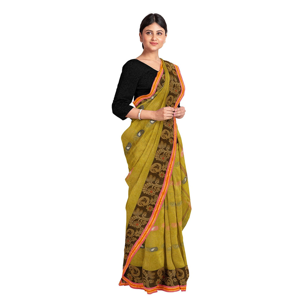 Exclusive Collection 100% Pure Cotton Olive Tant Saree With Hand Weaving Work