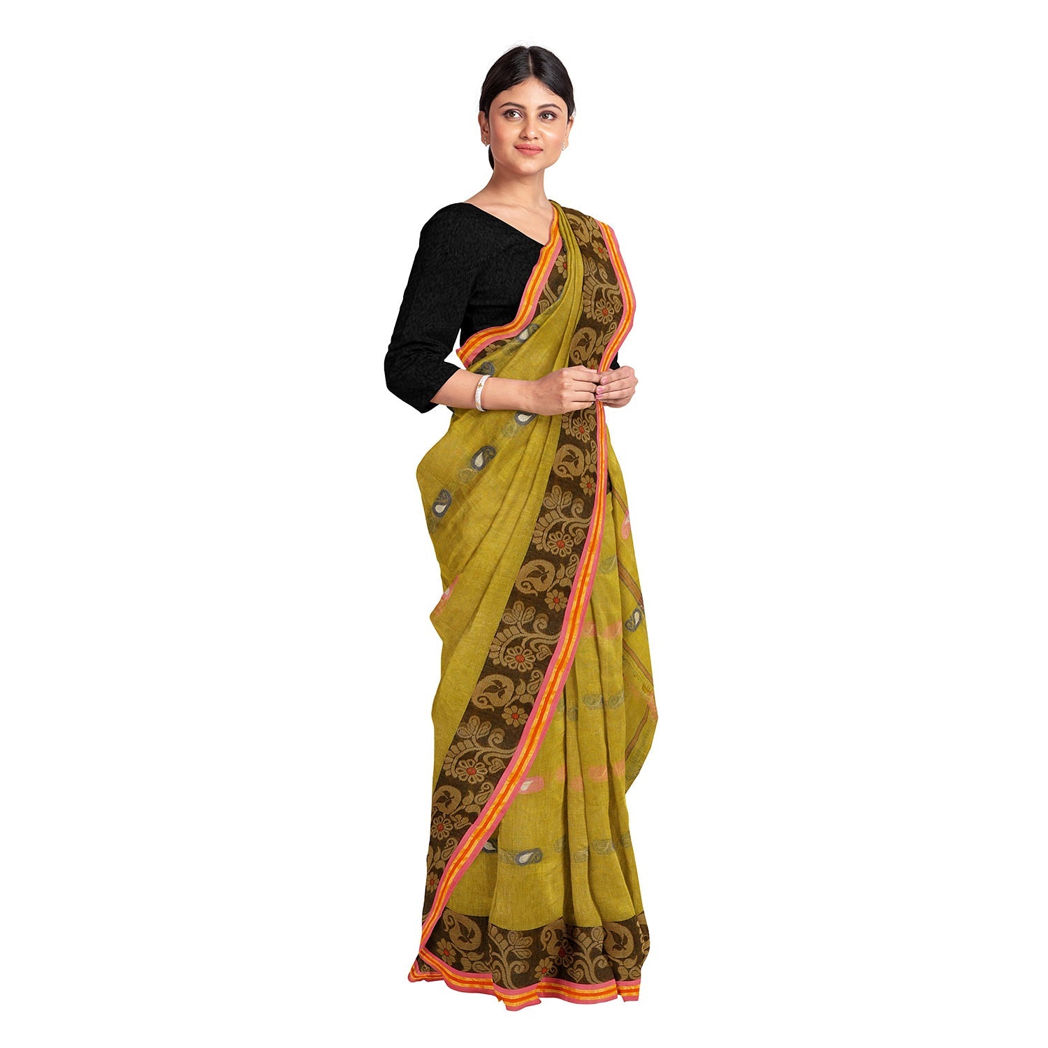 Exclusive Collection 100% Pure Cotton Olive Tant Saree With Hand Weaving Work
