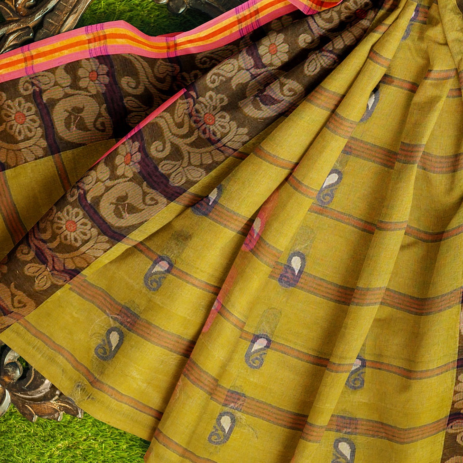 Exclusive Collection 100% Pure Cotton Olive Tant Saree With Hand Weaving Work