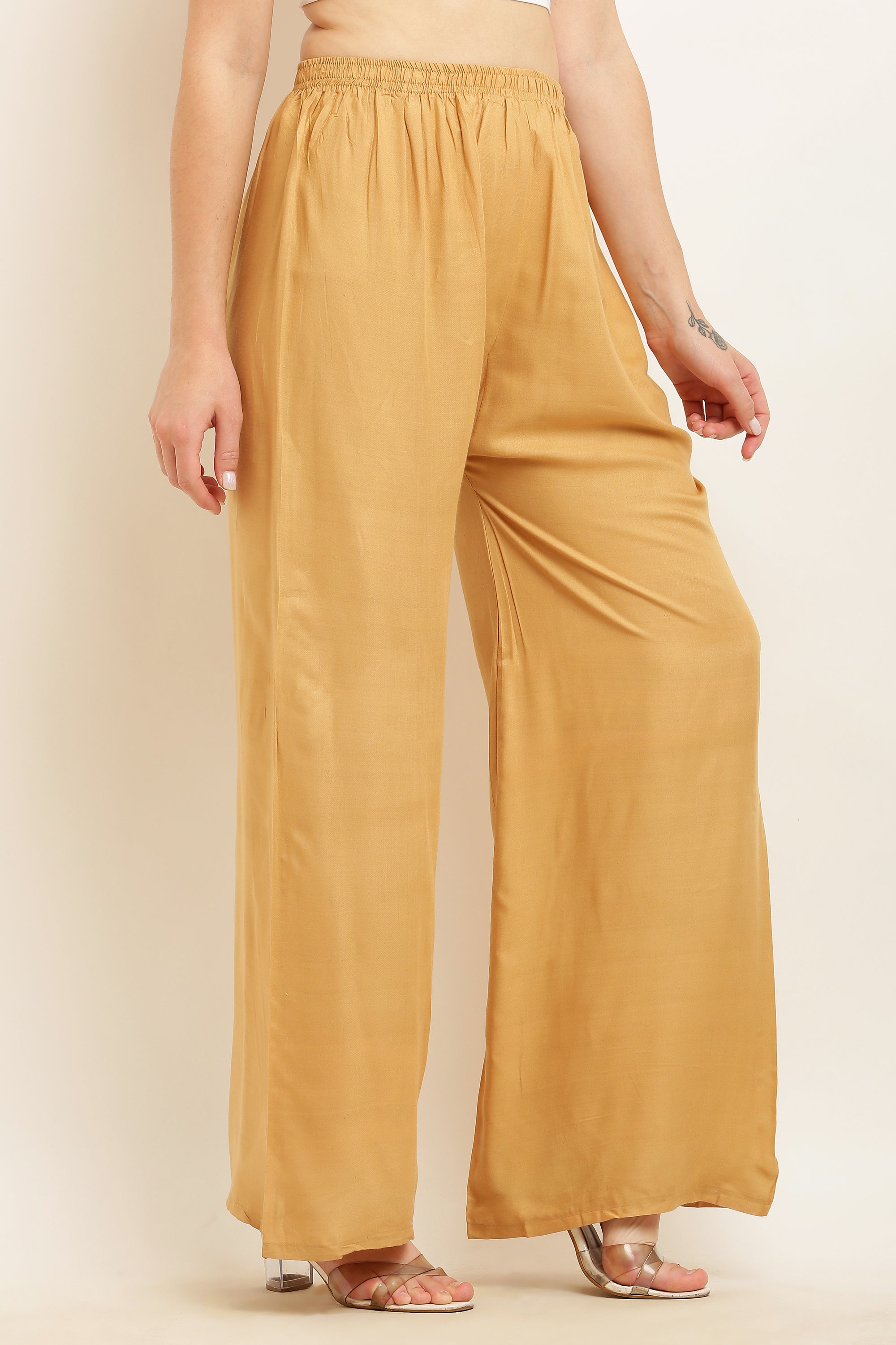 PAVONINE Beige Color Straight Fit Rayon Fabric Palazzo