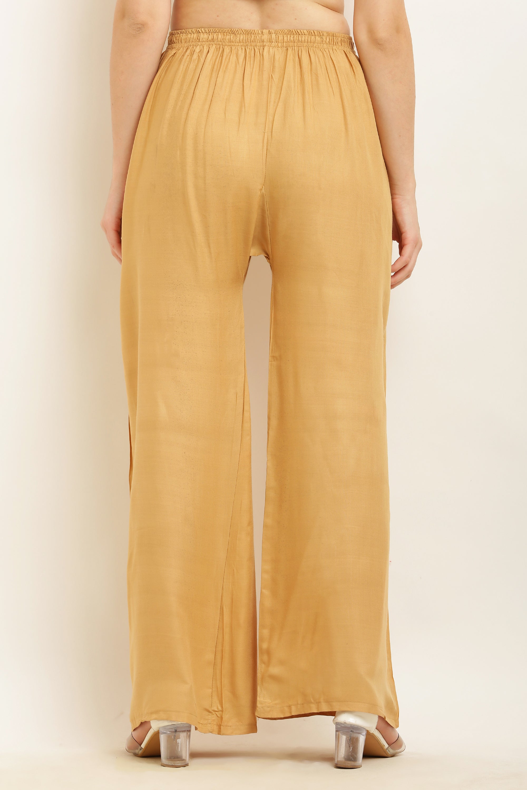 PAVONINE Beige Color Straight Fit Rayon Fabric Palazzo