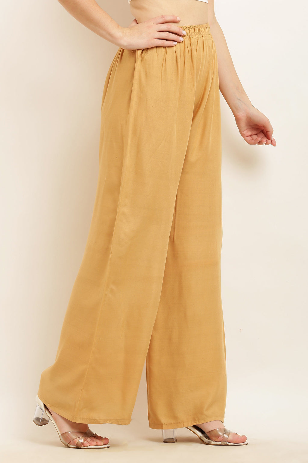 PAVONINE Beige Color Straight Fit Rayon Fabric Palazzo