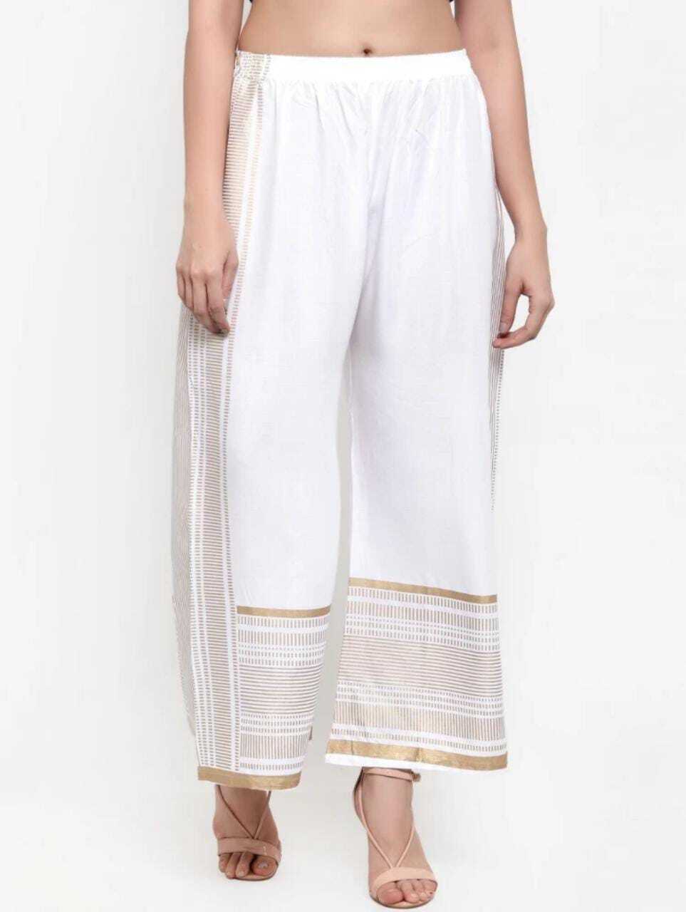 PAVONINE White Color Rayon Fabric Side Print Palazzo For Women