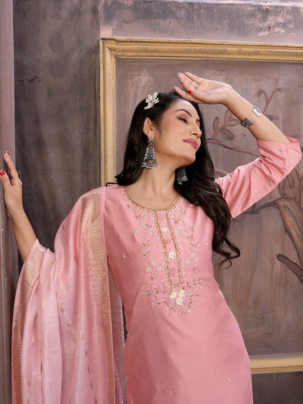 Vedant Vastram Kurta Pant set with Dupatta having Beautiful Hand work (Khatli Work) - Peach