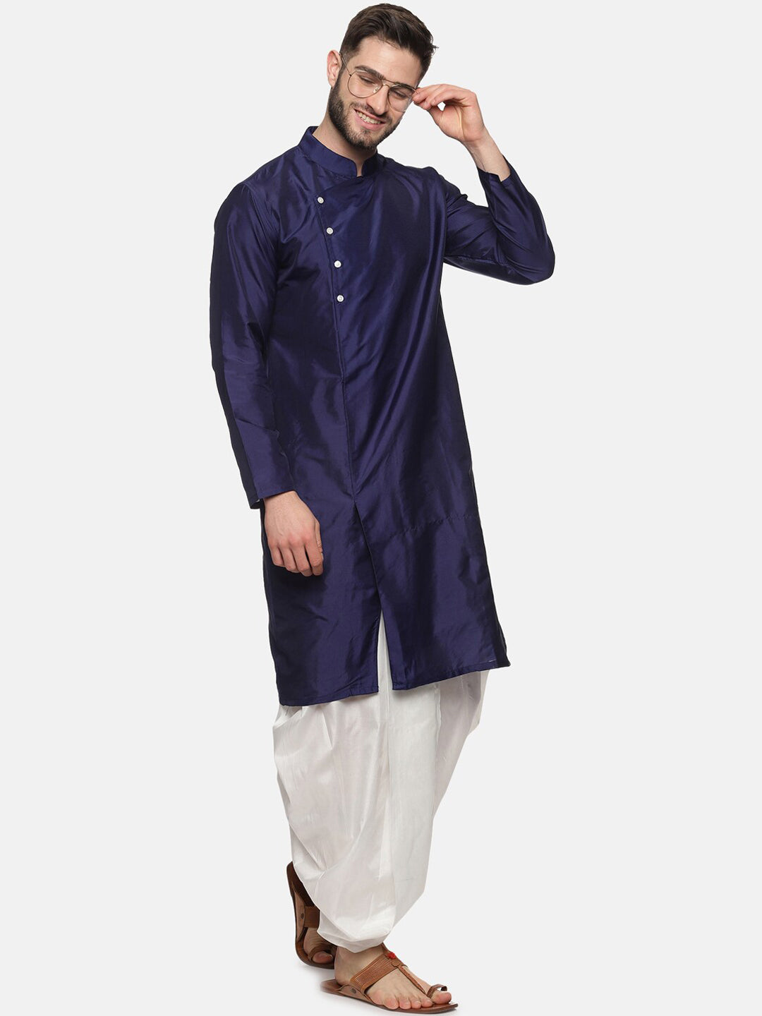 Sethukrishna Men Navy Blue Angrakha Kurta with Dhoti Pants