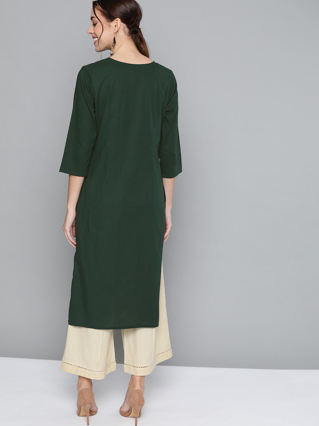HERE&NOW Women Green Pure Cotton Solid Kurta