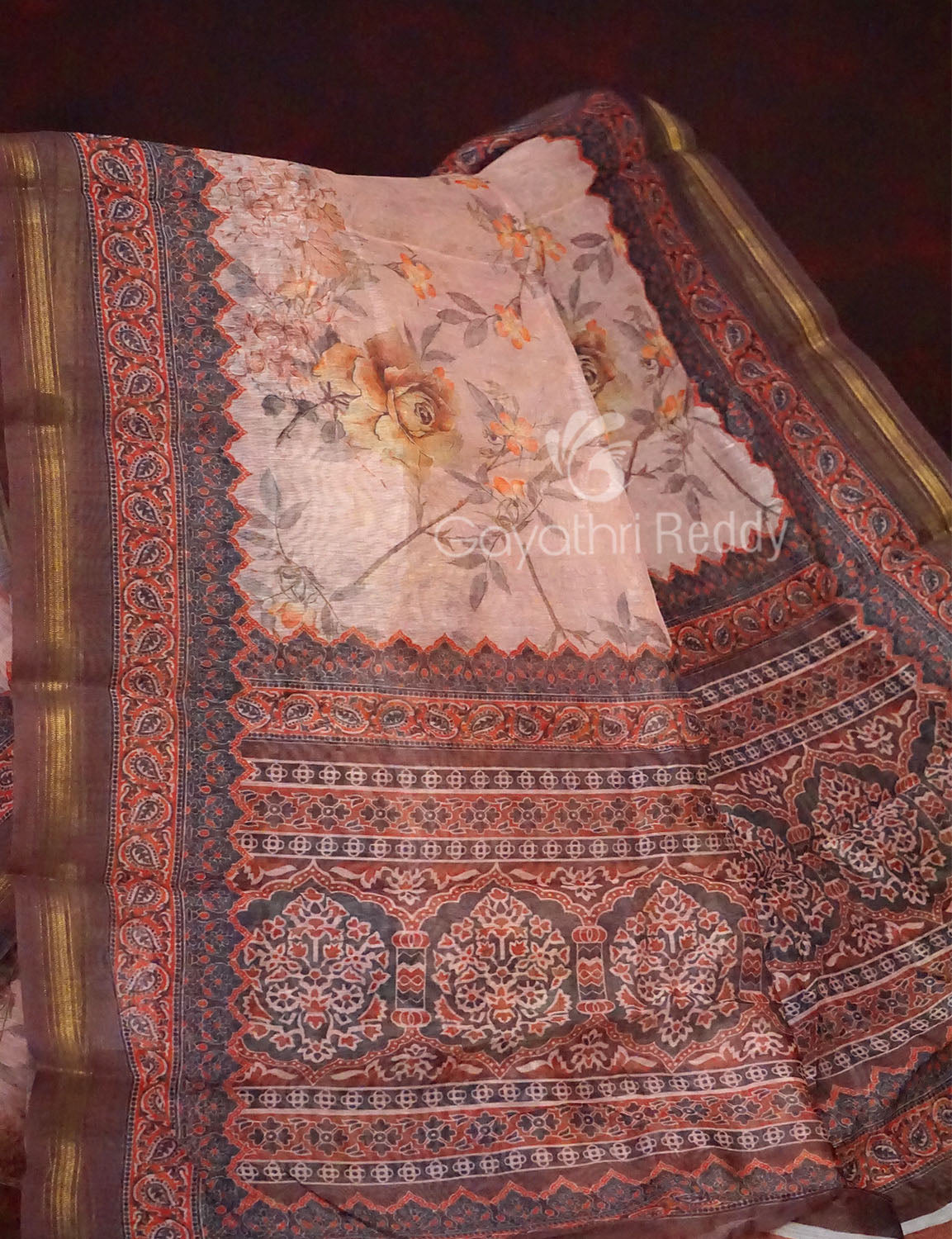 Light Brown Colour Print Design Semi Chanderi Saree By Gayathri Reddy Designer Studio