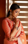 Vardha Peach Orange Silver Zari Kanjeevaram Silk Saree