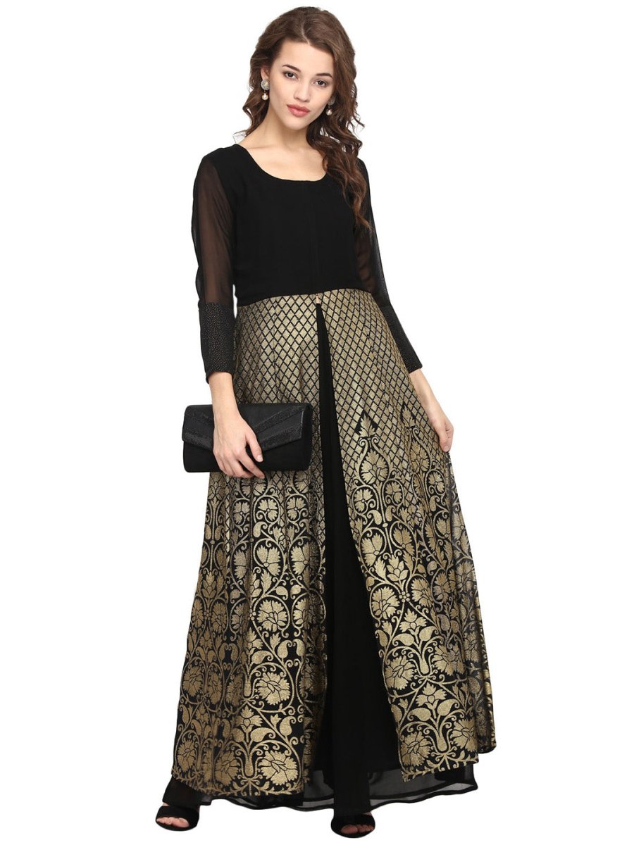 Ahalyaa Women Black & Golden Foil Print A-Line Kurta