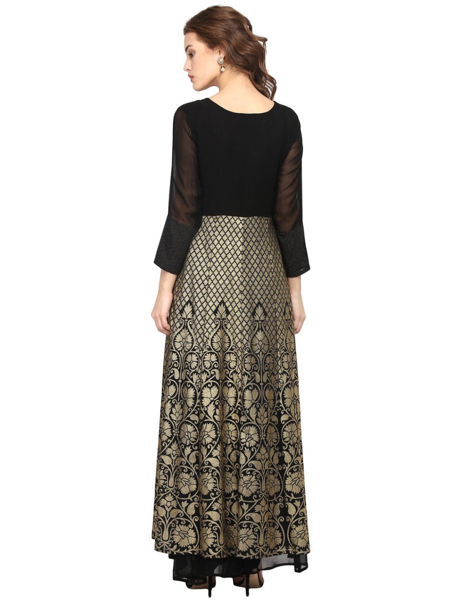 Ahalyaa Women Black & Golden Foil Print A-Line Kurta
