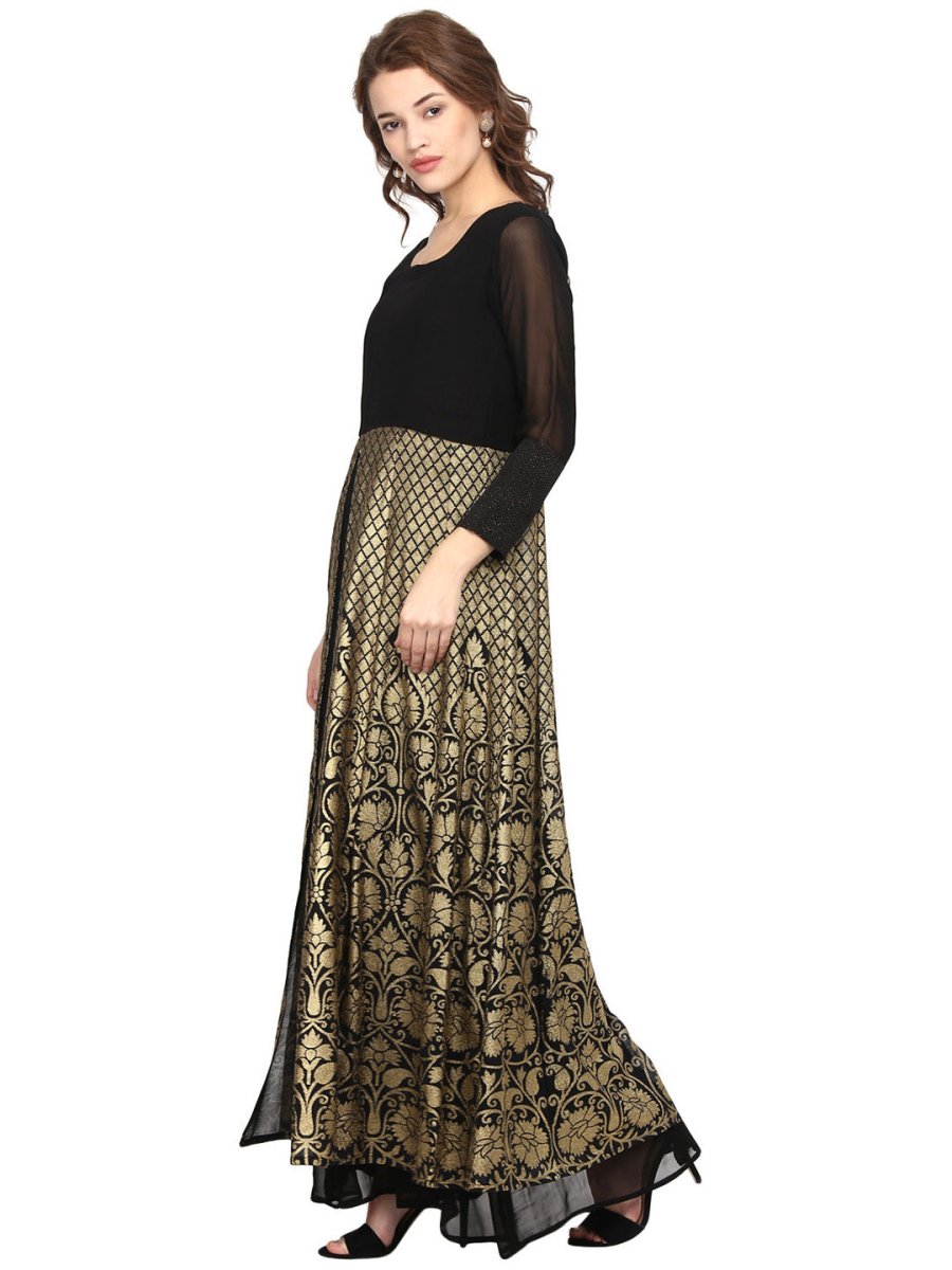 Ahalyaa Women Black & Golden Foil Print A-Line Kurta