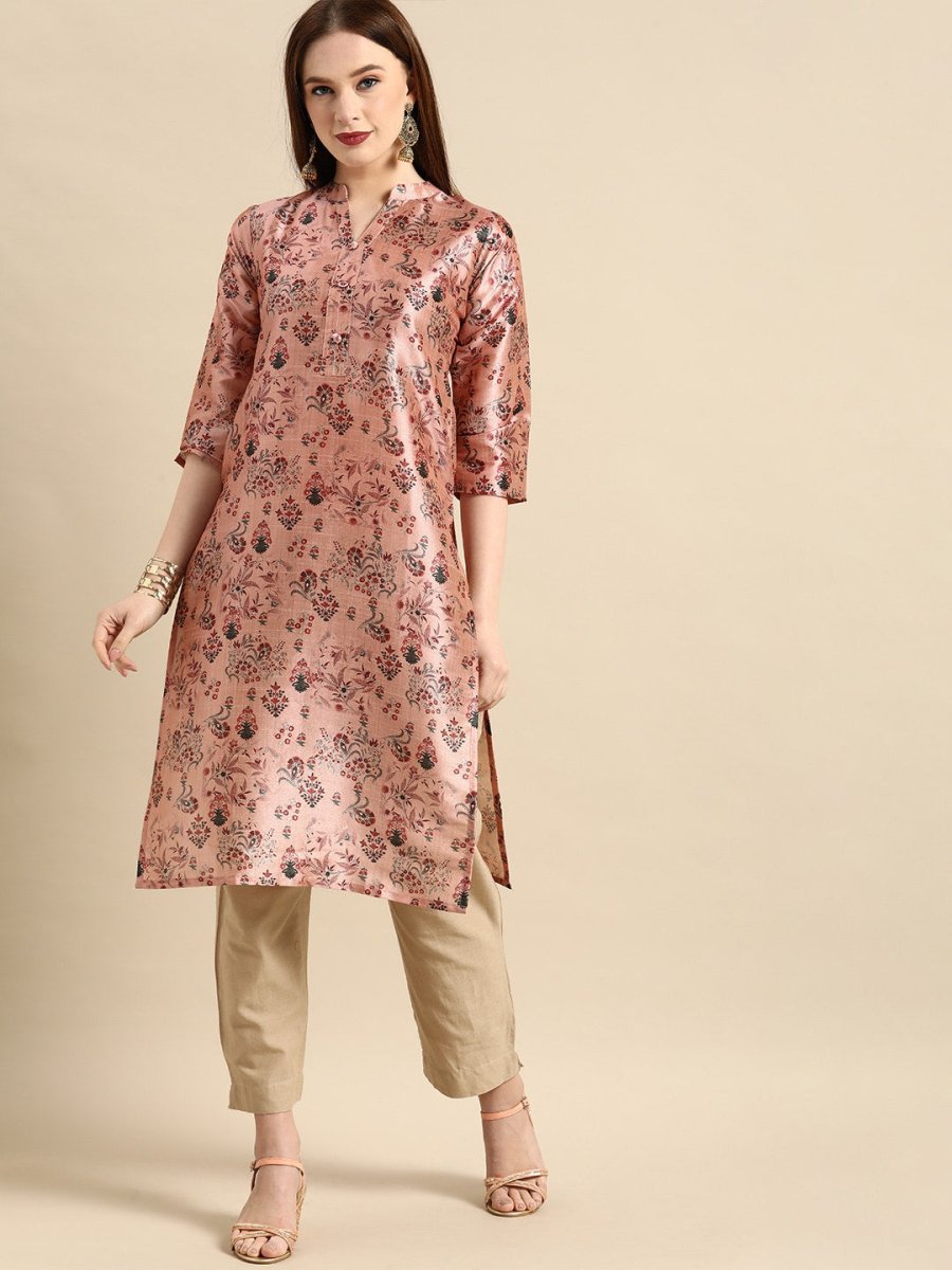 All About You Women Dusty Pink Floral Block Print Chanderi Silk Blend Straight Kurta