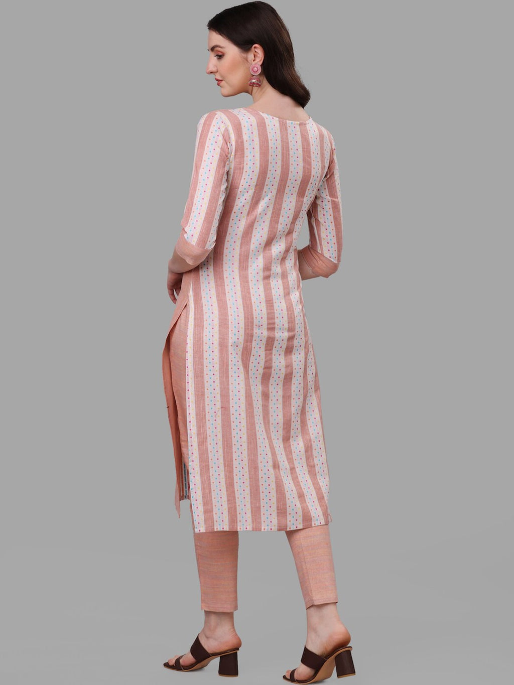 HERE&NOW Peach & White Striped Pure Cotton Kurta With Trousers & Dupatta