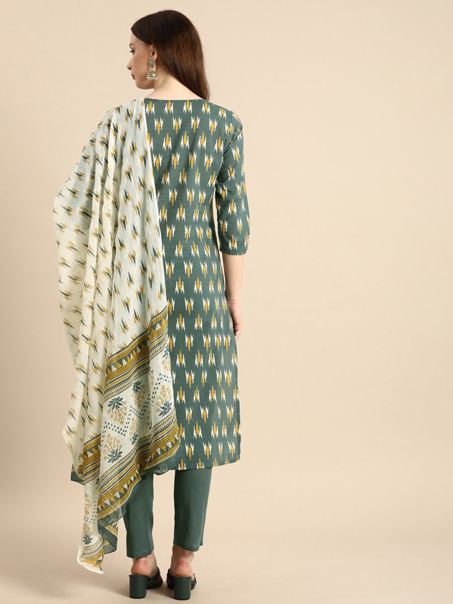 All About You Women Grey Ikat Printed Pure Cotton Kurta with Trousers & Dupatta