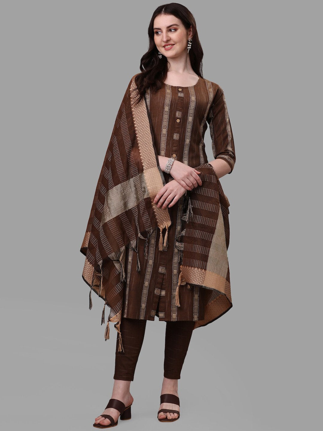 HERE&NOW Brown Striped Regular Pure Cotton Kurta With Trousers & Dupatta