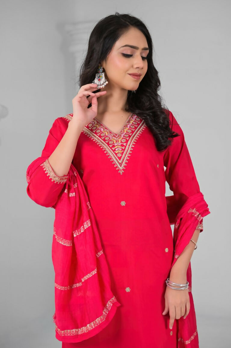 Ethnic Festive Wear Chanderi Red Stitched Suit With Dupatta - Tanisha